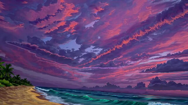 Tropical Island Scene at Dawn or Dusk, Expressive Coastal Artwork