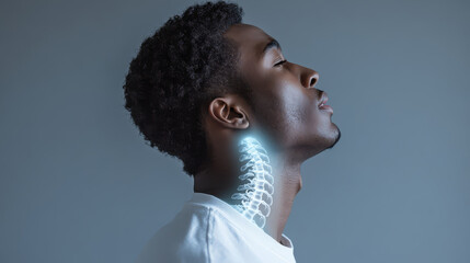 Obraz premium profile view of man in white shirt, showcasing glowing spine illustration, symbolizes health and wellness. image evokes sense of calm and introspection