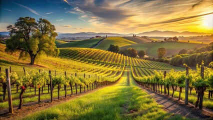 Naklejka premium Serene Vineyard Landscape at Sunset Rows of Grapevines Basking in Golden Light
