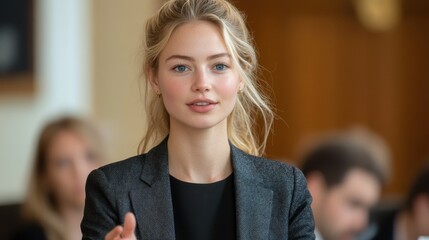 Fototapeta premium A woman with blonde hair and blue eyes is wearing a black jacket. Generative AI