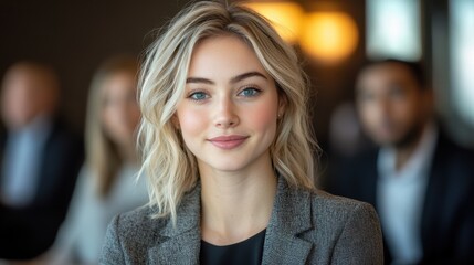Fototapeta premium A woman with blonde hair and blue eyes is smiling for the camera. Generative AI