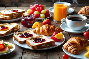 A dining table full of breakfast dishes such as toast with jam, fresh croissants, colorful fruits, and a steaming hot cup of coffee.