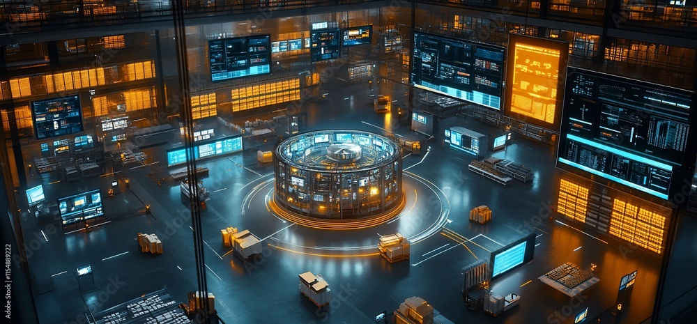 Poster a futuristic control room filled with screens and data displays.