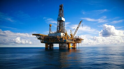 Offshore oil rig platform in ocean under blue sky.