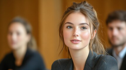 A woman with a smile on her face is sitting in a room with other people. Generative AI