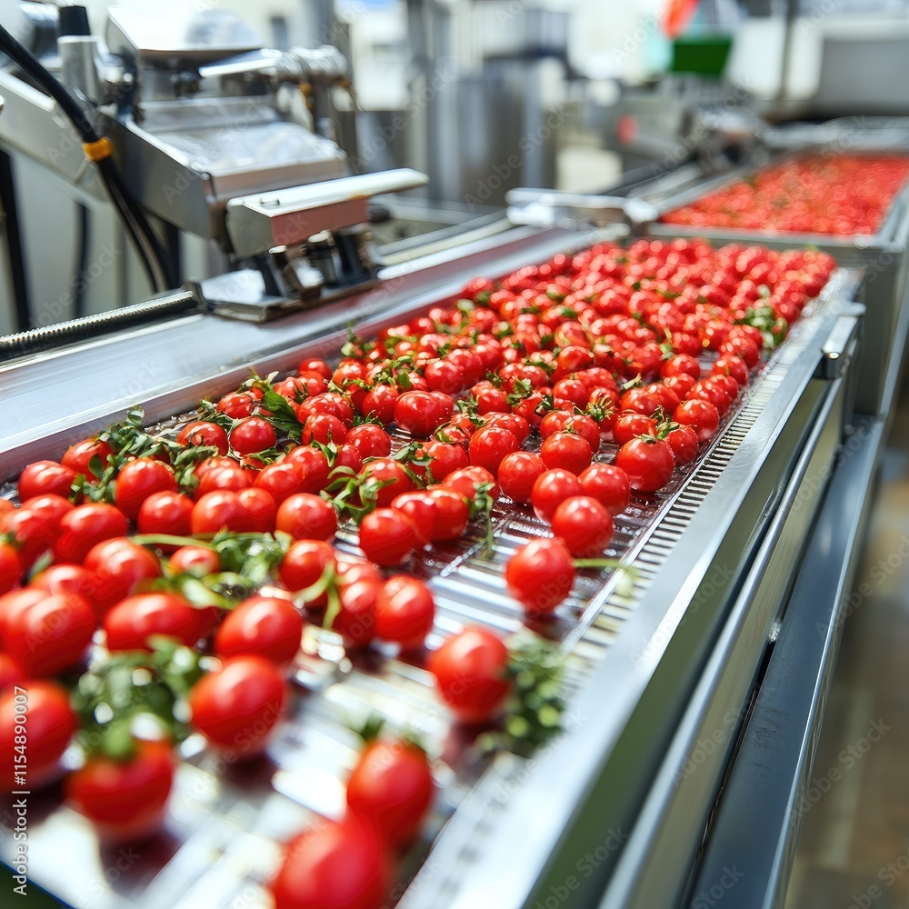 Poster a production line filled with fresh red tomatoes ready for processing.
