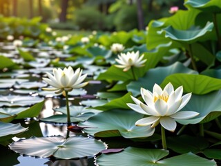 Serene White Water Lilies in a Pond Nature Summer Flowers
