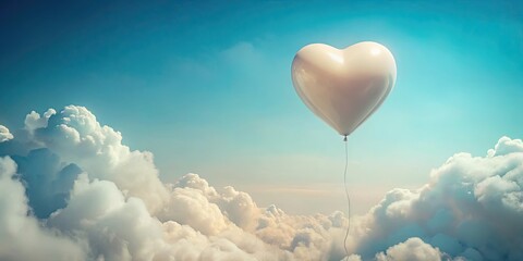 Fototapeta premium Heart-shaped balloon floats serenely above a vast expanse of fluffy clouds under a bright, cheerful sky