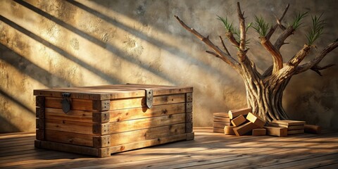 Rustic wooden chest with aged tree and sunlit wooden floor creating a serene and mysterious ambiance