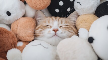 Fototapeta premium A cute cat surrounded by plush stuffed toys