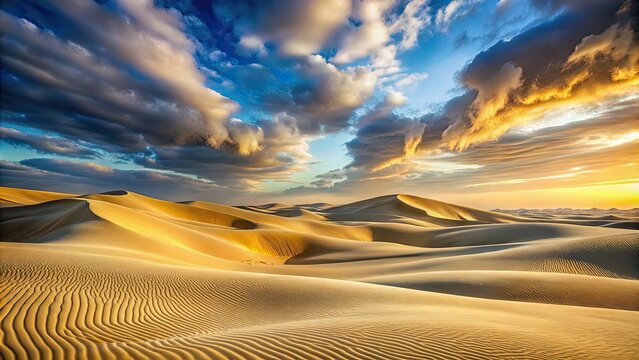 Golden Sandscape at Sunset Dramatic Clouds Over Rolling Dunes