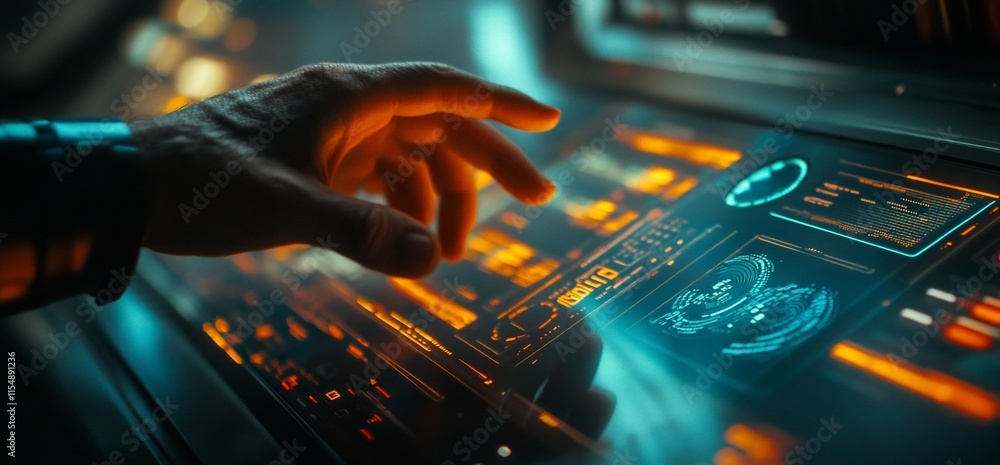 Poster a hand interacts with a futuristic touchscreen displaying data and graphics.