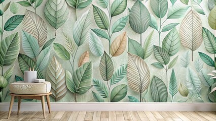 Serene Botanical Wall Mural Design Featuring Lush Greenery and Subtle Textures for a Relaxing Home Decor