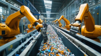 Robotic arms sort recycled materials on a conveyor belt in a modern factory.