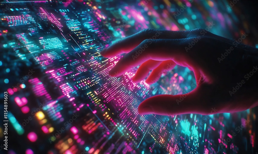 Aufkleber a hand interacts with a vibrant digital interface of glowing data streams.