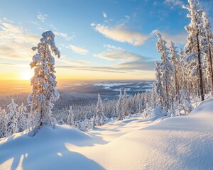 Breathtaking Winter Landscape at Sunrise with Snow-Covered Trees, Vast Horizon, and Soft Cloudy Sky Illuminated by Warm Golden Light