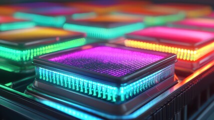 A vibrant close-up of illuminated buttons, featuring colorful LED lights, creating an eye-catching and dynamic visual effect.