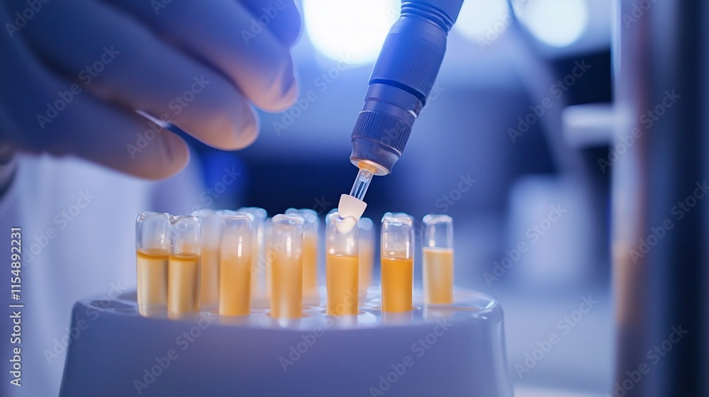Aufkleber a laboratory scene with a hand using a pipette over test tubes filled with liquid.