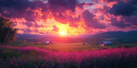 Obraz premium A vibrant sunset over a lush landscape, with purple flowers in the foreground and distant mountains under a colorful sky.