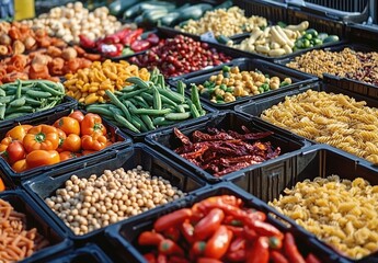 Obraz premium A display of various types and colors of pasta, green beans, red peppers, yellow chickpeas in black plastic containers at the farmer's market. High resolution photography. AI generated