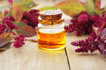 Amaranth seed oil or extract in glass bottle with  grain on wooden table, closeup, natural medicine and healthy skin and body treatment concept