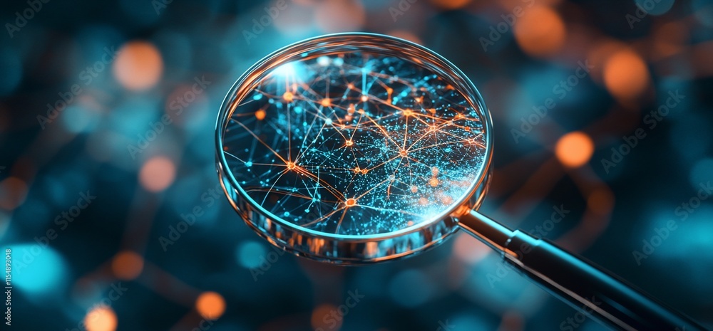 Poster a magnifying glass focusing on a network of interconnected nodes and lines.
