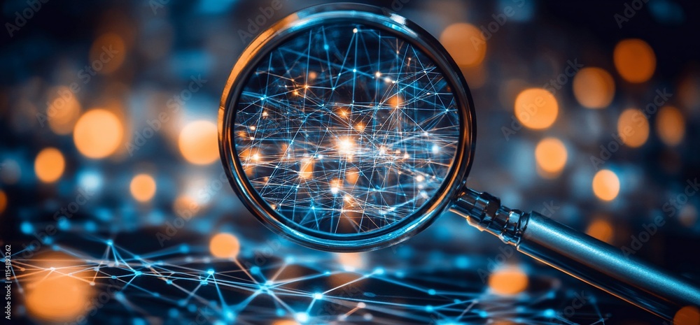 Poster a magnifying glass highlighting a network of interconnected nodes and lights.