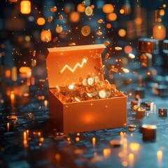 A box full of gold coins is shown in a bright orange color. Generative AI