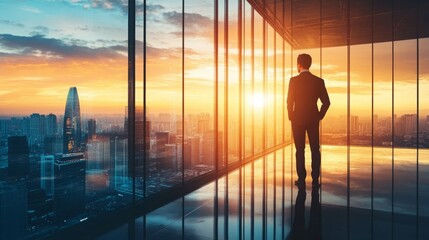 Fototapeta premium Businessman contemplates the city skyline at sunset. Ambition and success.