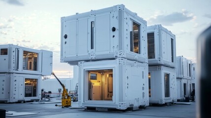 Stacked modular white housing units on a construction site.