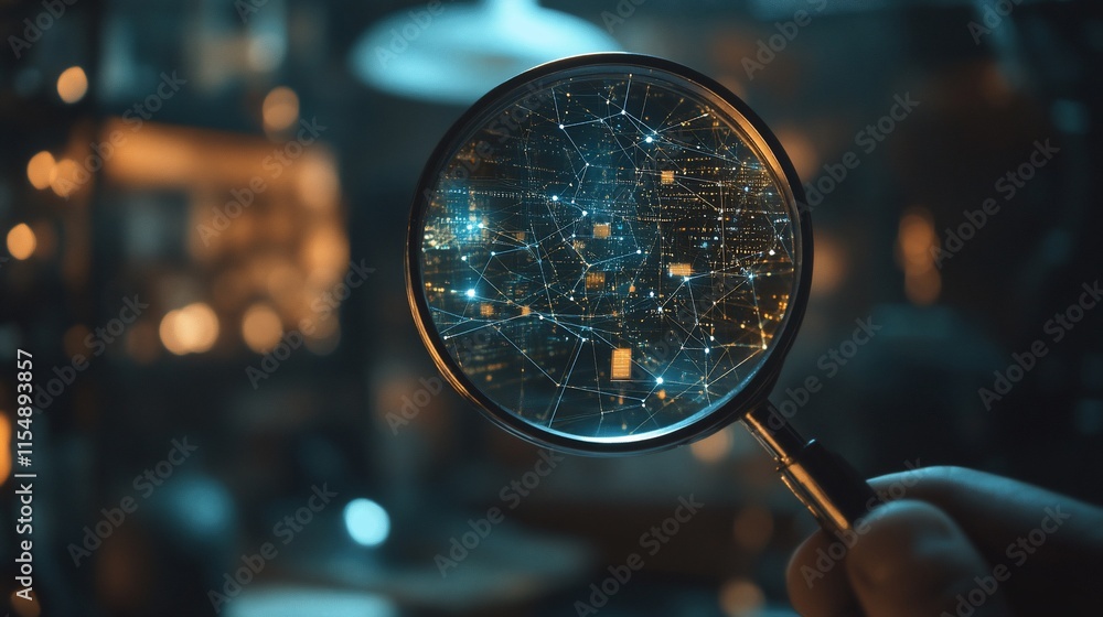 Poster a magnifying glass reveals a network of interconnected data points.