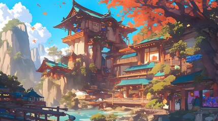 Illustration of a mystical Chinese village with traditional elements