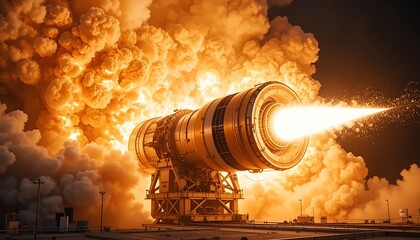Powerful Rocket Engine Test Fiery Blast Orange Smoke Dramatic Scene