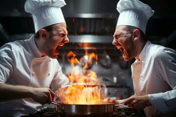 Chefs engaged in a fiery cooking competition in a bustling restaurant kitchen during peak service time