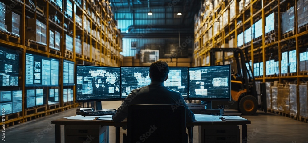 Poster a person monitors operations in a warehouse with multiple computer screens.