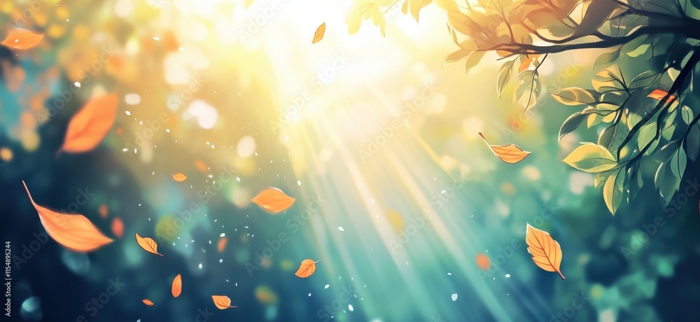Aufkleber Captivating Autumn Scene with Sunlight Filtering through Trees and Colorful Leaves Floating in the Air in a Dreamy Natural Environment