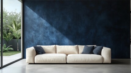 Modern living room with beige sofa against a dark blue wall and large window.