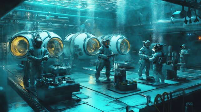 Underwater facility with astronauts preparing for a mission.