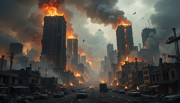 Burning Cityscape Apocalyptic Flames Tall Buildings Street Scene Dark Mood
