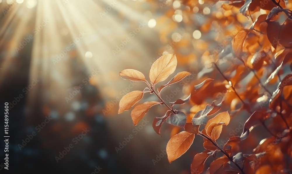 Poster captivating close-up of delicate autumn leaves with soft sunlight filtering through, creating a warm