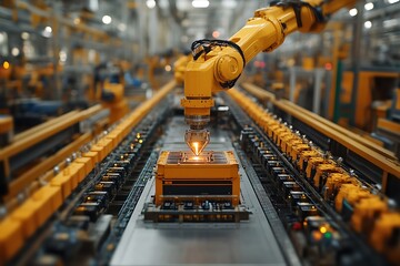 Robotic arm welding on assembly line.