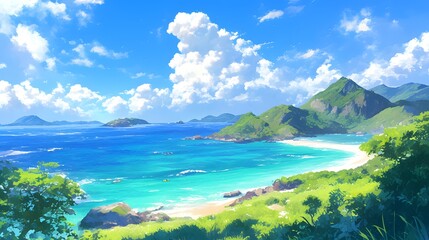 Fototapeta premium Island landscape with beach and hills, tranquil view. Anime style.