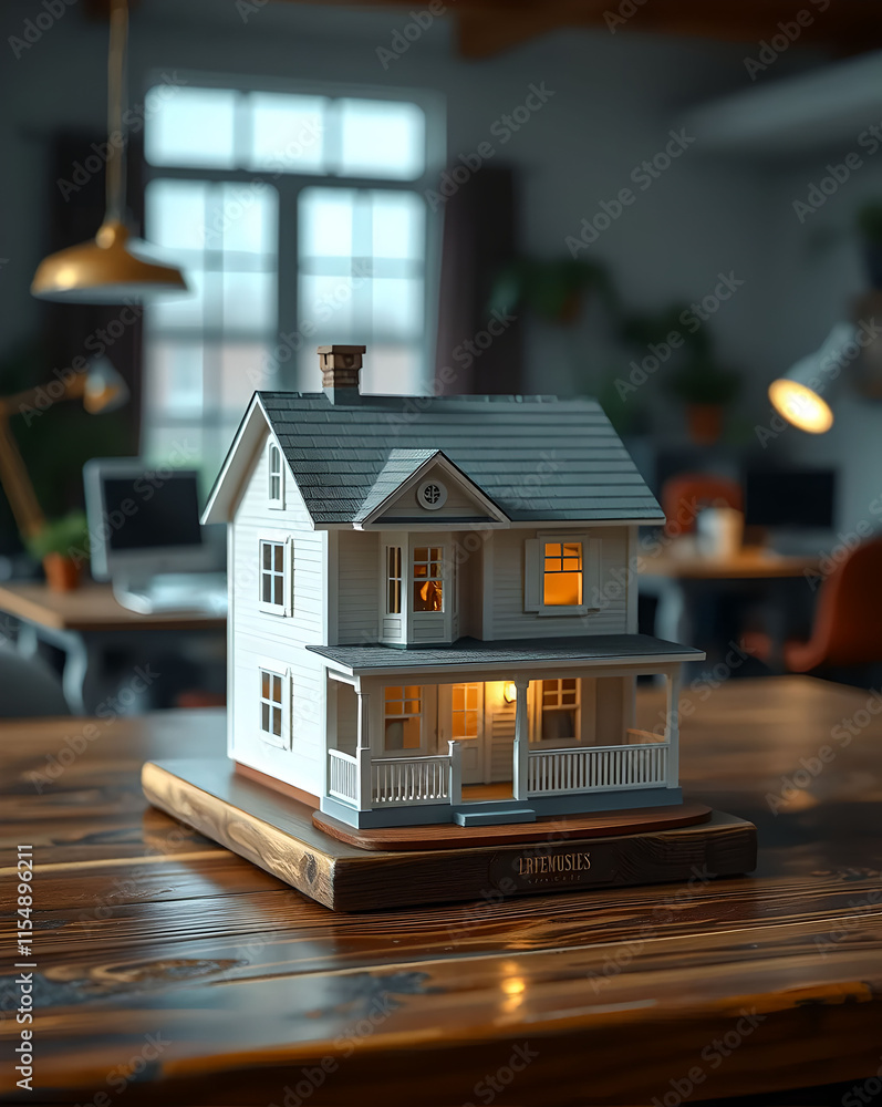 Poster house model on a wooden table in a cafe. 3d rendering