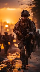A soldier runs through a warzone at sunset, other soldiers behind him.