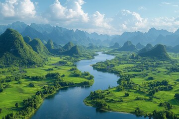 Fototapeta premium Aerial view of Guilin landscape in Yunnan, China. Majestic mountains, winding rivers, rice fields, and villages under a vibrant blue sky.