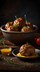 Closeup of meatballs and spaghetti with tomato sauce dish, a classic Italian meal