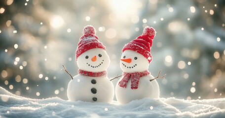 Obraz premium Charming Snowman Couple in a Winter Wonderland with Snowflakes, Cozy Red Hats, and Scarf Displaying Joyful Holiday Spirit in a Festive Atmosphere