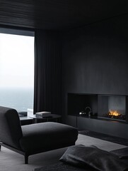 Modern Minimalist Bedroom With Ocean View Fireplace