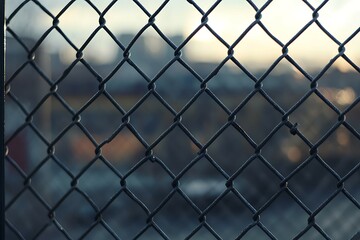 Fototapeta premium Old rusty padlock on a chain link fence in a field at sunset