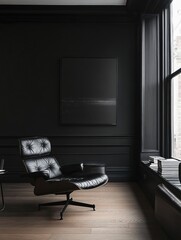 Dark Room Interior Design With Leather Chair And Artwork